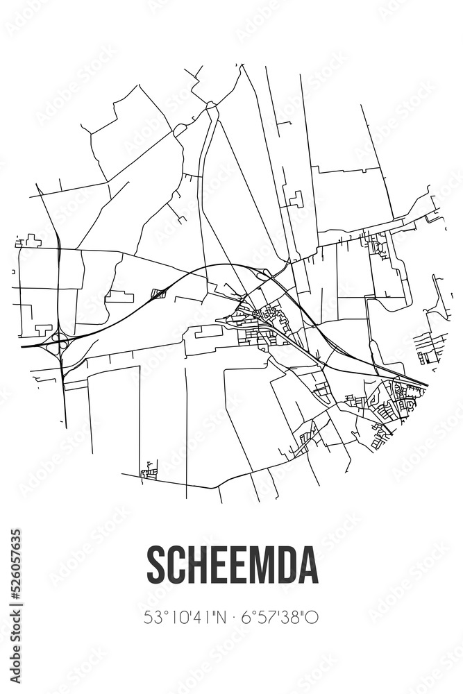 Abstract street map of Scheemda located in Groningen municipality of Oldambt. City map with lines