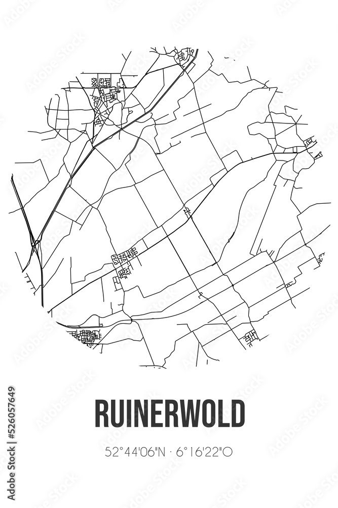 Abstract street map of Ruinerwold located in Drenthe municipality of De Wolden. City map with lines