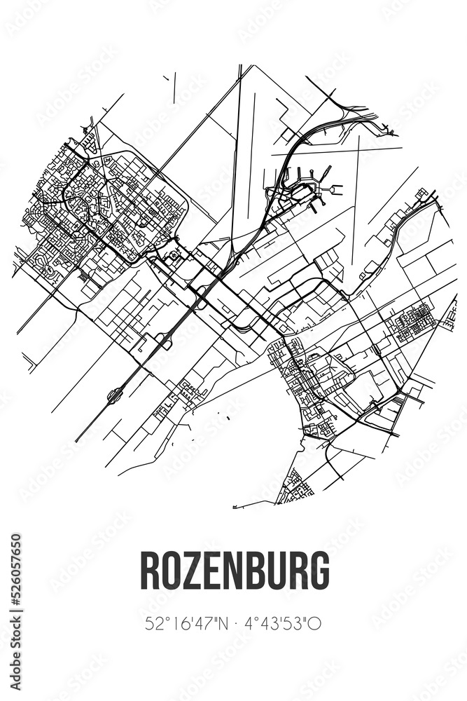 Abstract street map of Rozenburg located in Noord-Holland municipality of Haarlemmermeer. City map with lines