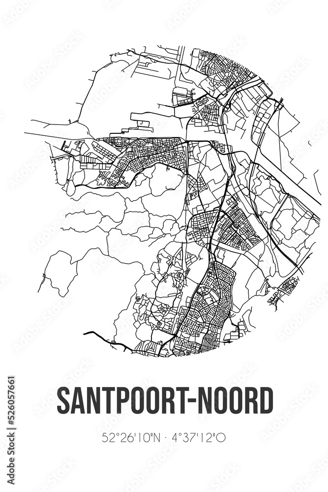 Abstract street map of Santpoort-Noord located in Noord-Holland municipality of Velsen. City map with lines