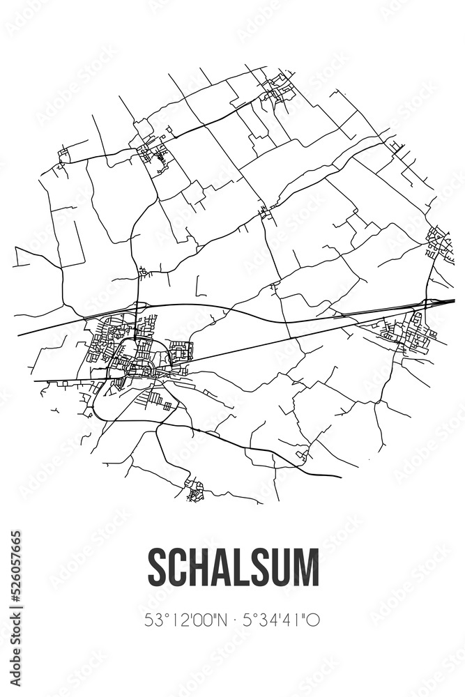 Abstract street map of Schalsum located in Fryslan municipality of Waadhoeke. City map with lines