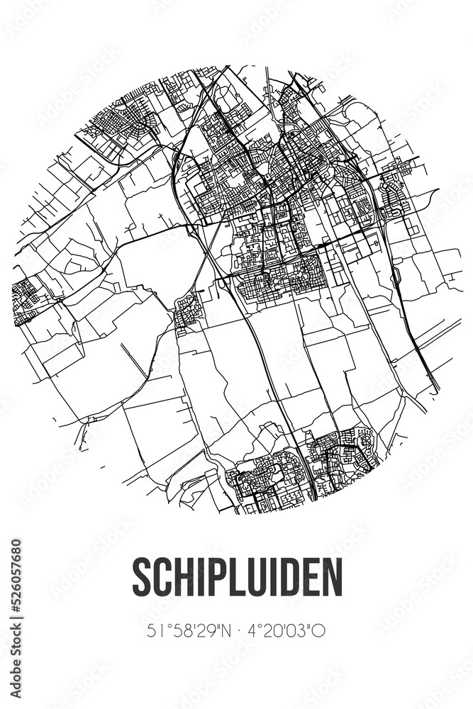 Abstract street map of Schipluiden located in Zuid-Holland municipality of Midden-Delfland. City map with lines