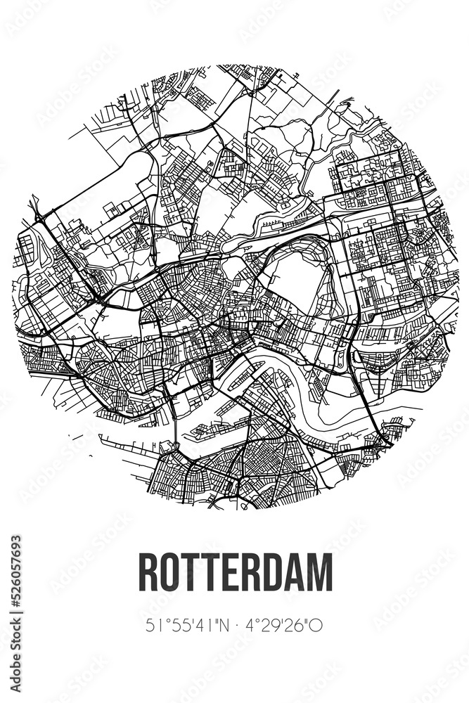 Abstract street map of Rotterdam located in Zuid-Holland municipality of Rotterdam. City map with lines