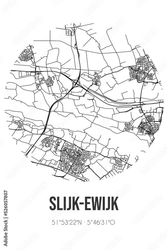 Abstract street map of Slijk-Ewijk located in Gelderland municipality of Overbetuwe. City map with lines