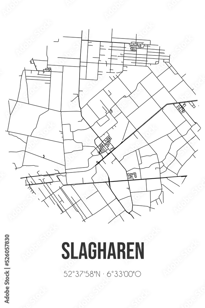 Abstract street map of Slagharen located in Overijssel municipality of Hardenberg. City map with lines