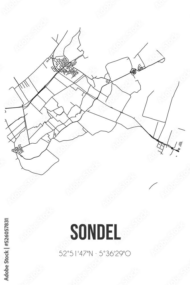 Abstract street map of Sondel located in Fryslan municipality of De Fryske Marren. City map with lines