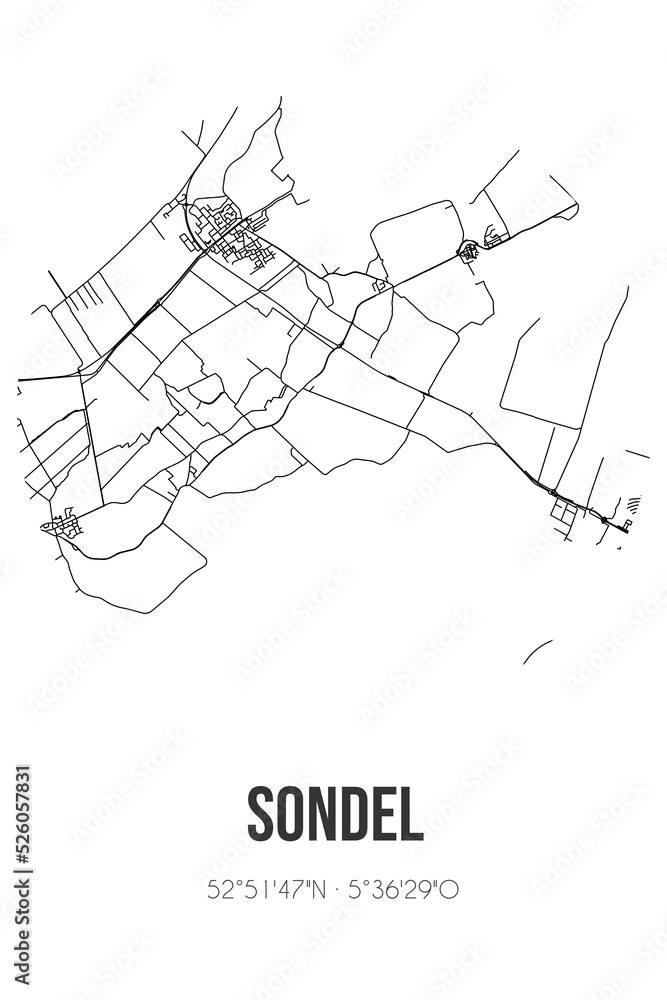 Abstract street map of Sondel located in Fryslan municipality of De Fryske Marren. City map with lines Abstract street map of Sondel located in Fryslan municipality of De Fryske Marren. City map with lines