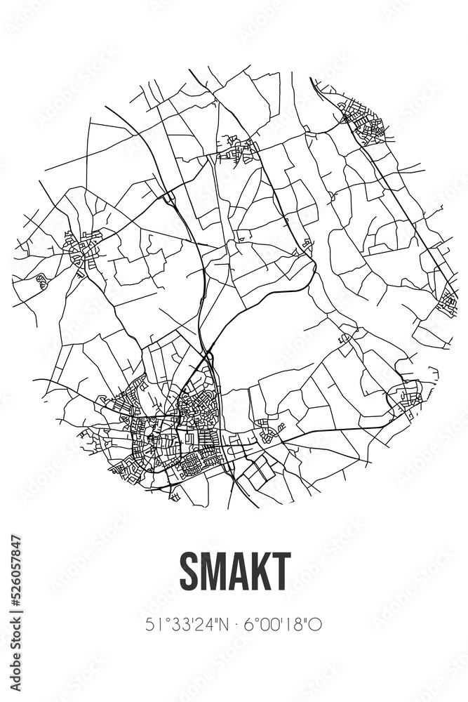 Abstract street map of Smakt located in Limburg municipality of Venray. City map with lines