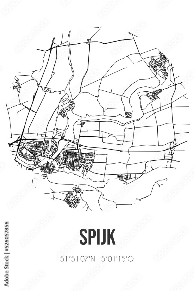 Abstract street map of Spijk located in Gelderland municipality of West Betuwe. City map with lines