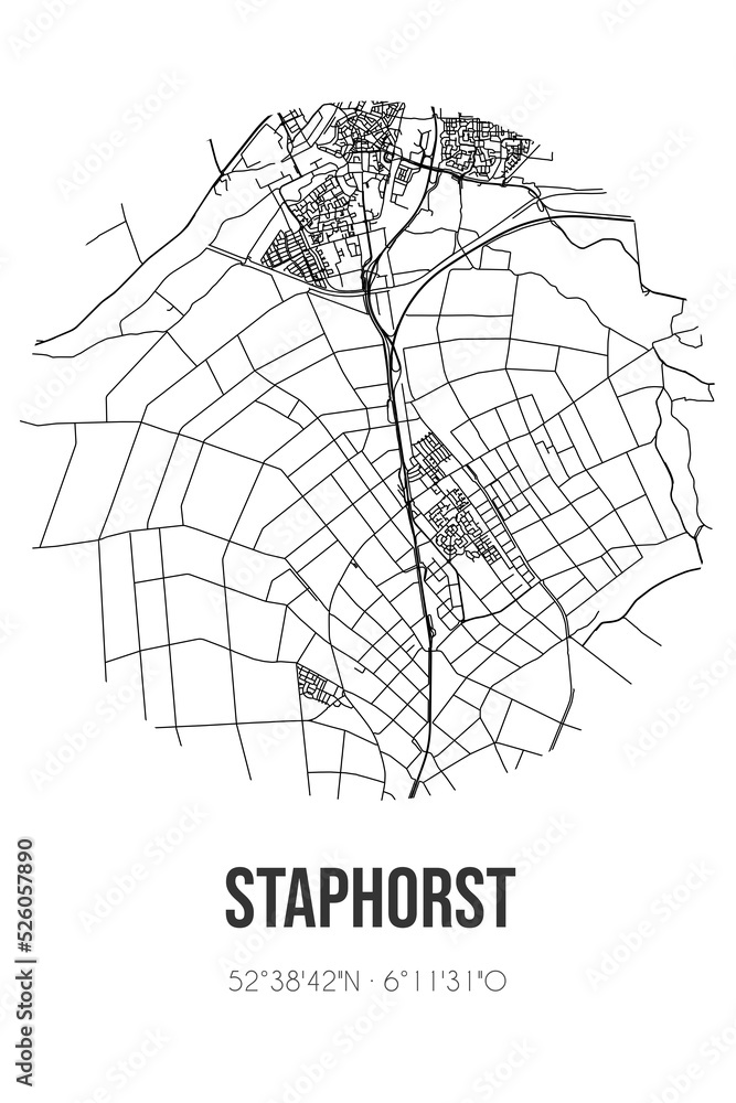 Abstract street map of Staphorst located in Overijssel municipality of Staphorst. City map with lines