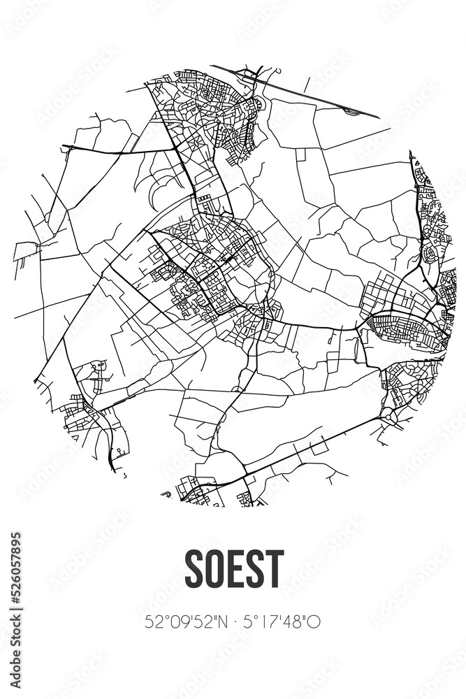 Abstract street map of Soest located in Utrecht municipality of Soest. City map with lines