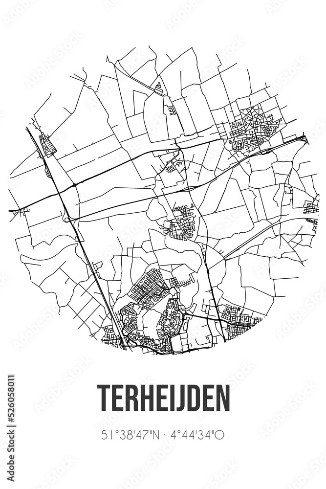 Abstract street map of Terheijden located in Noord-Brabant municipality of Drimmelen. City map with lines