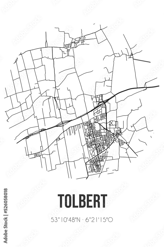 Abstract street map of Tolbert located in Groningen municipality of Westerkwartier. City map with lines
