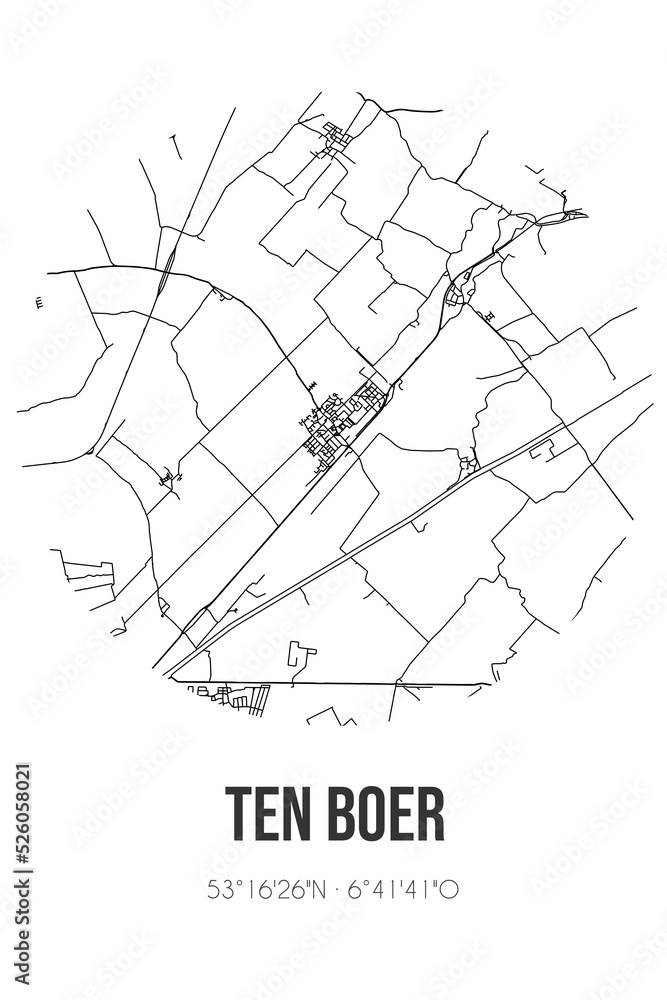 Abstract street map of Ten Boer located in Groningen municipality of Groningen. City map with lines
