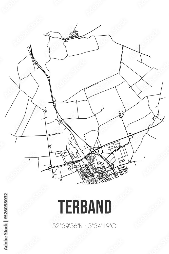 Abstract street map of Terband located in Fryslan municipality of Heerenveen. City map with lines