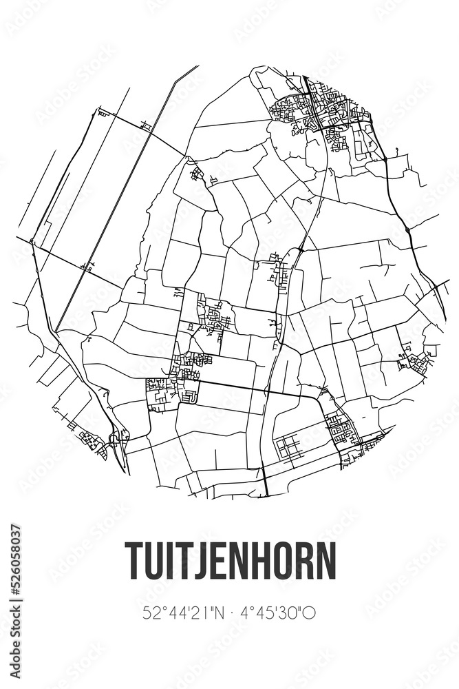Abstract street map of Tuitjenhorn located in Noord-Holland municipality of Schagen. City map with lines