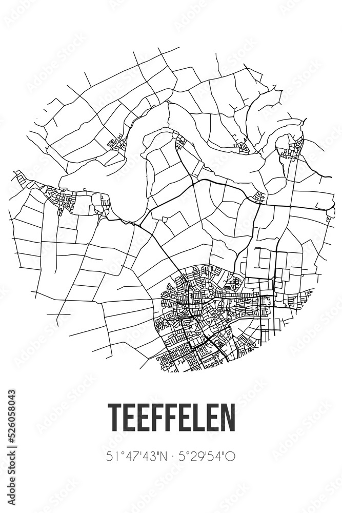 Abstract street map of Teeffelen located in Noord-Brabant municipality of Oss. City map with lines
