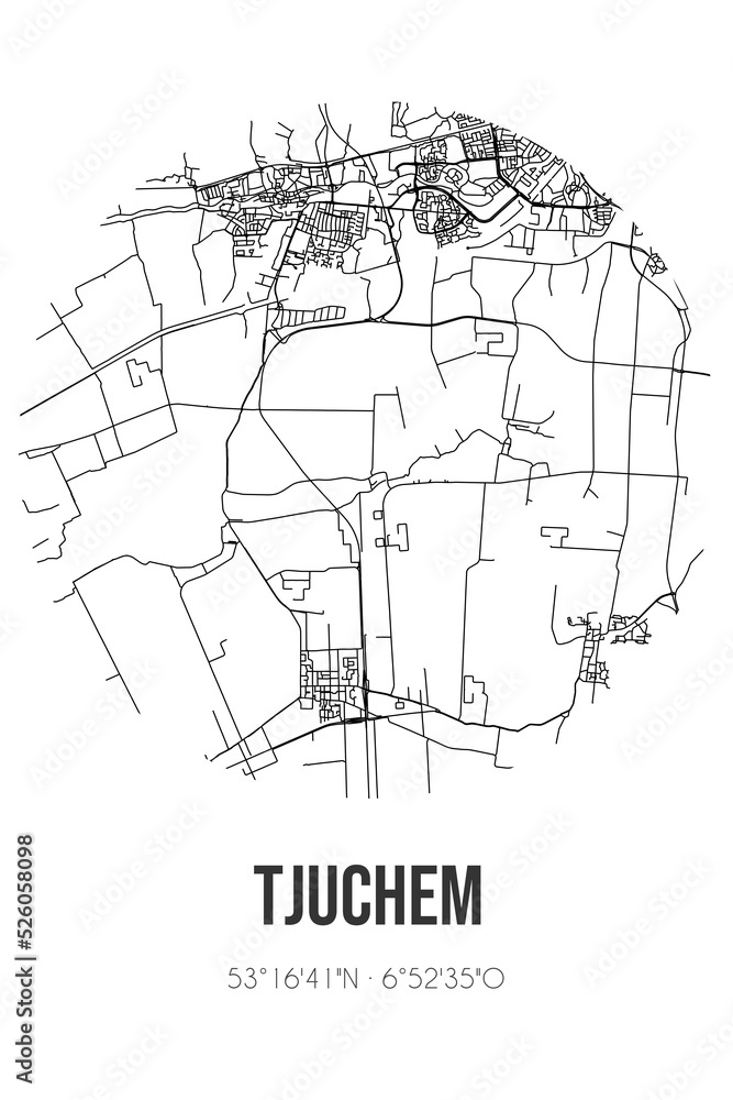Abstract street map of Tjuchem located in Groningen municipality of Midden-Groningen. City map with lines