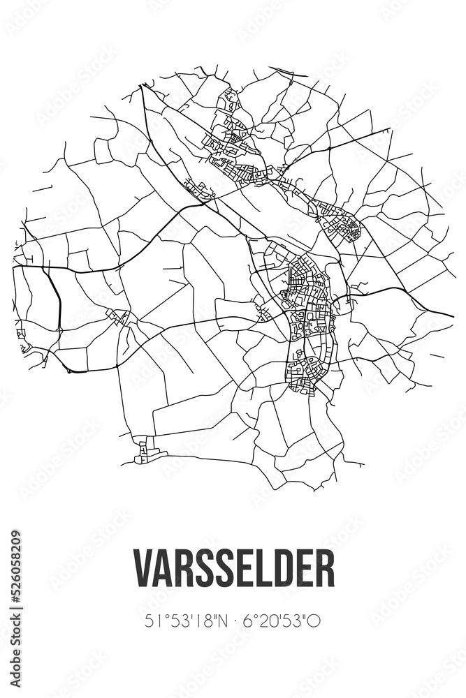 Abstract street map of Varsselder located in Gelderland municipality of Oude IJsselstreek. City map with lines
