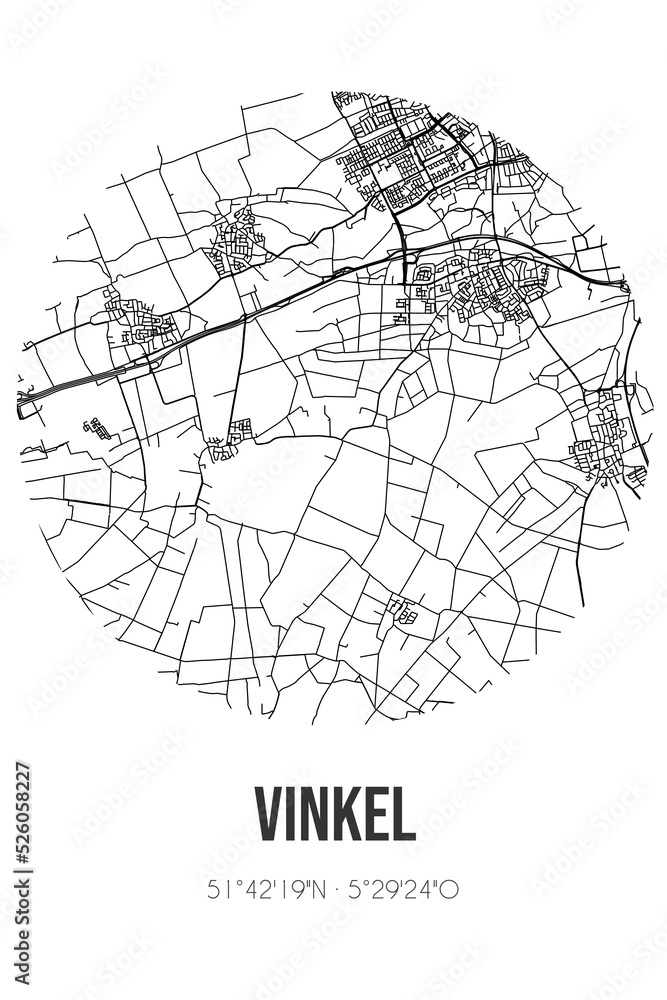 Abstract street map of Vinkel located in Noord-Brabant municipality of Bernheze. City map with lines