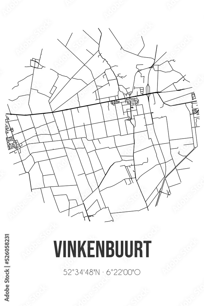 Abstract street map of Vinkenbuurt located in Overijssel municipality of Ommen. City map with lines