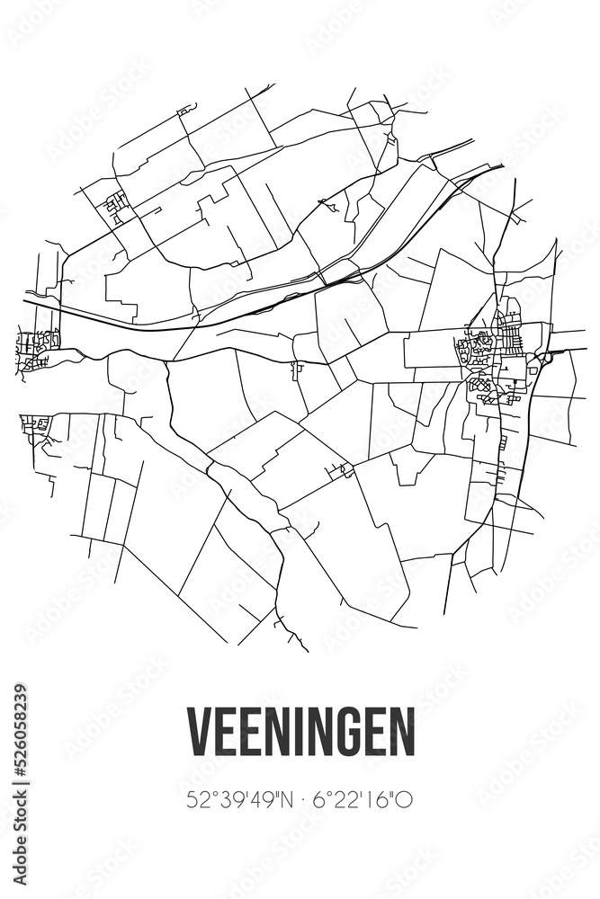 Abstract street map of Veeningen located in Drenthe municipality of De Wolden. City map with lines