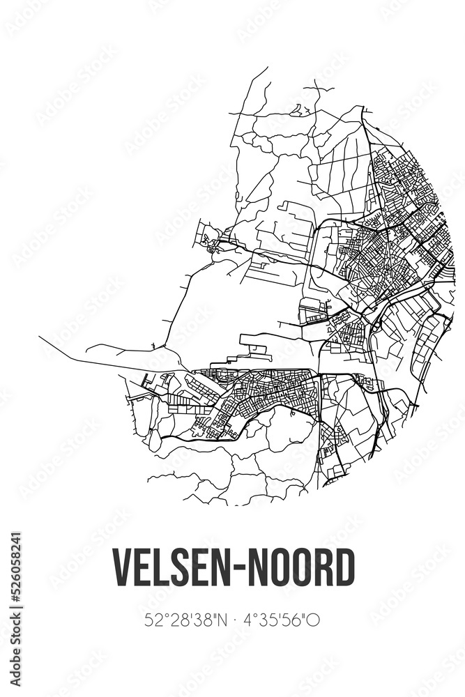 Abstract street map of Velsen-Noord located in Noord-Holland municipality of Velsen. City map with lines