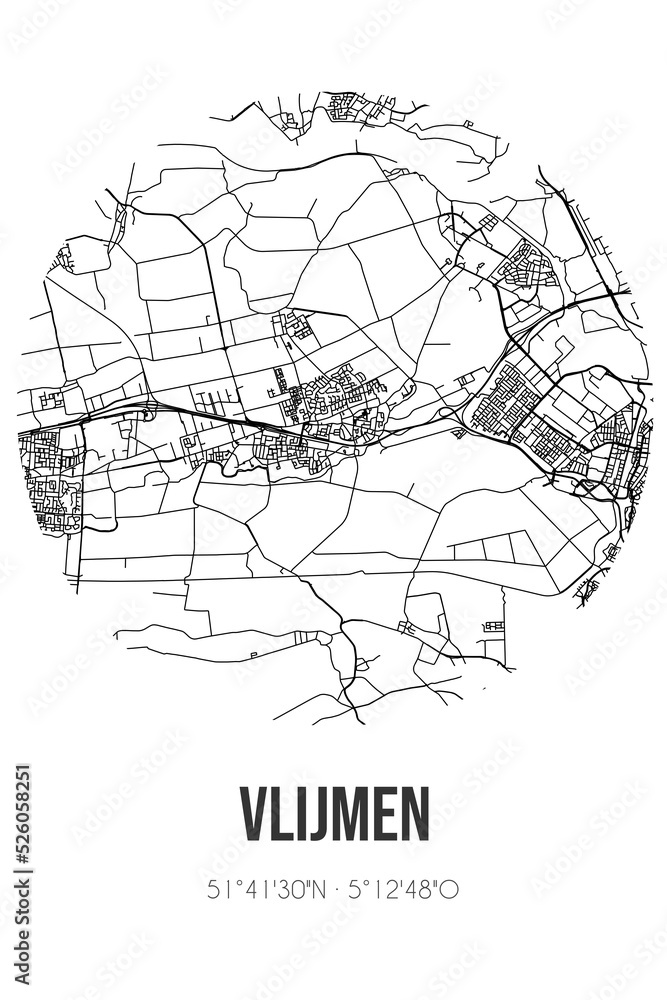 Abstract street map of Vlijmen located in Noord-Brabant municipality of Heusden. City map with lines