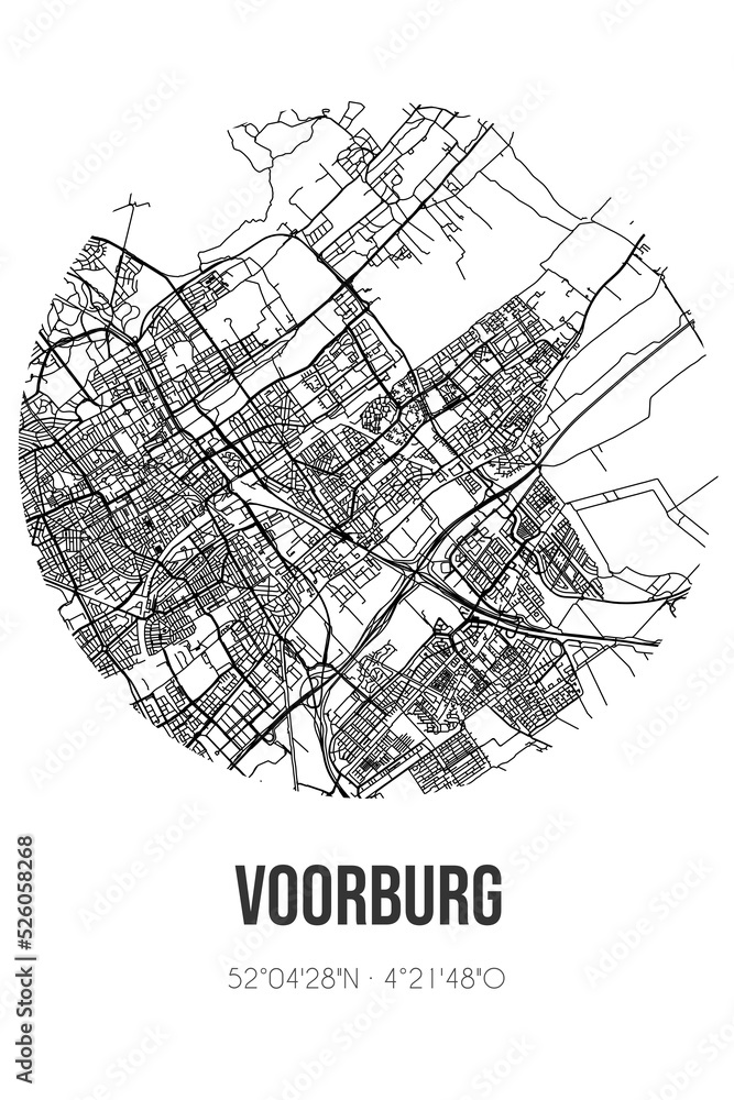 Abstract street map of Voorburg located in Zuid-Holland municipality of Leidschendam-Voorburg. City map with lines