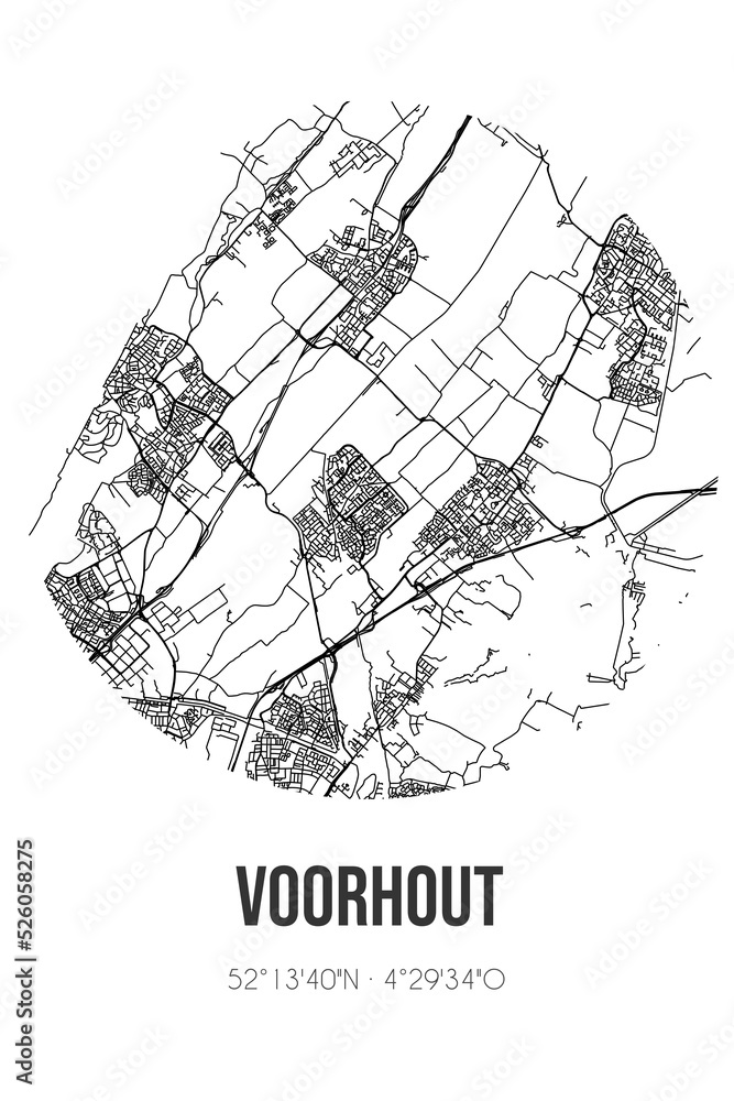 Abstract street map of Voorhout located in ZuidHolland municipality of