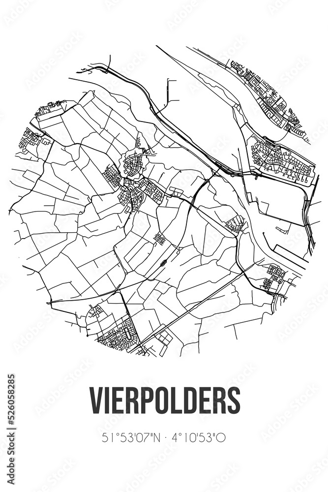 Abstract street map of Vierpolders located in Zuid-Holland municipality of Brielle. City map with lines