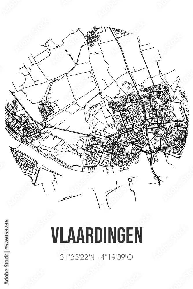 Abstract street map of Vlaardingen located in Zuid-Holland municipality of Vlaardingen. City map with lines