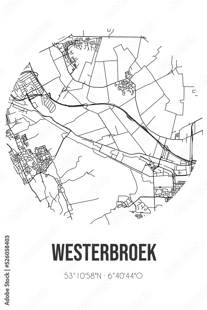 Abstract street map of Westerbroek located in Groningen municipality of Midden-Groningen. City map with lines