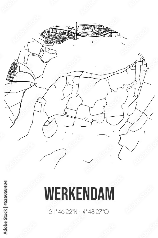 Abstract street map of Werkendam located in Noord-Brabant municipality of Altena. City map with lines