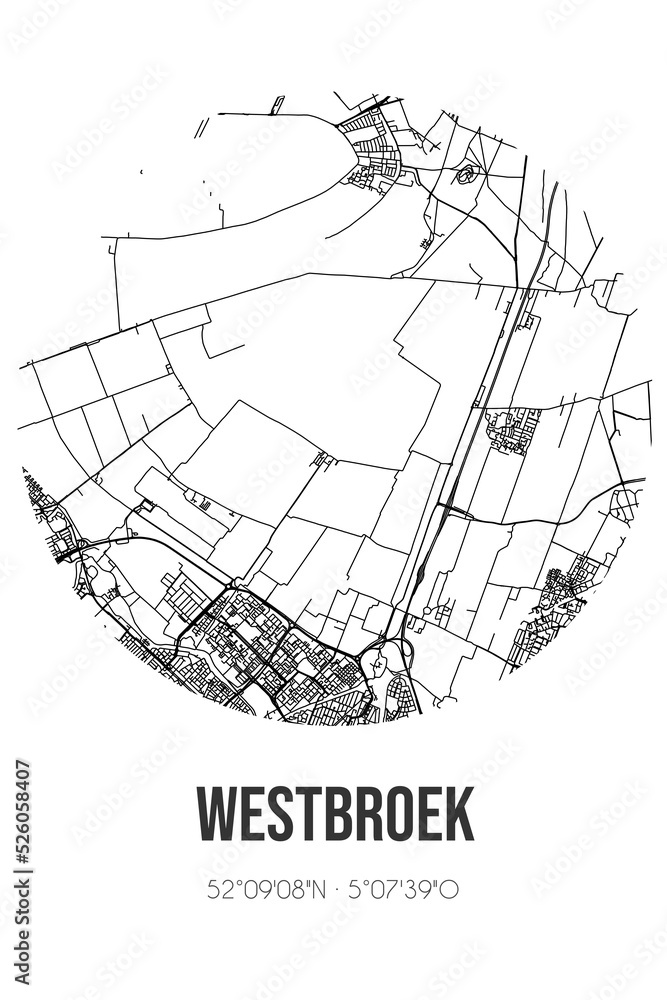 Abstract street map of Westbroek located in Utrecht municipality of De Bilt. City map with lines