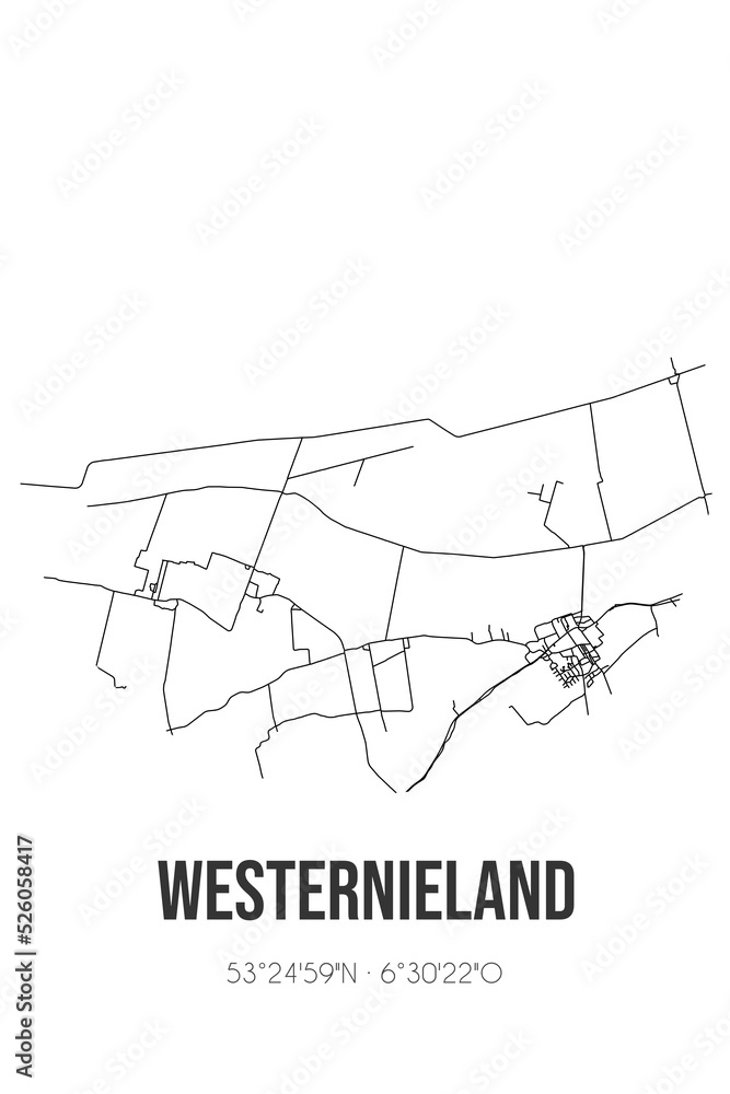 Abstract street map of Westernieland located in Groningen municipality of Het Hogeland. City map with lines