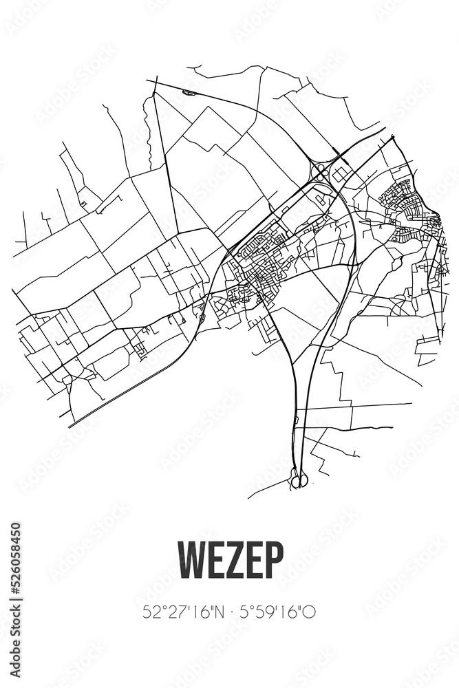 Abstract street map of Wezep located in Gelderland municipality of Oldebroek. City map with lines