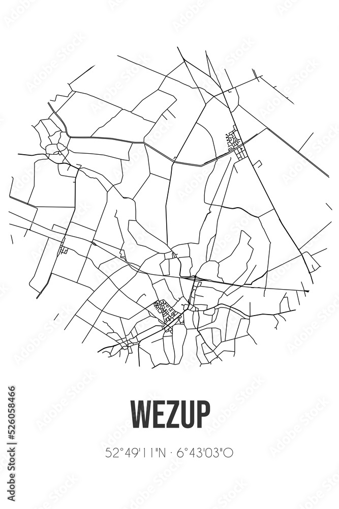 Abstract street map of Wezup located in Drenthe municipality of Coevorden. City map with lines