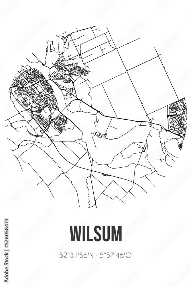 Abstract street map of Wilsum located in Overijssel municipality of Kampen. City map with lines
