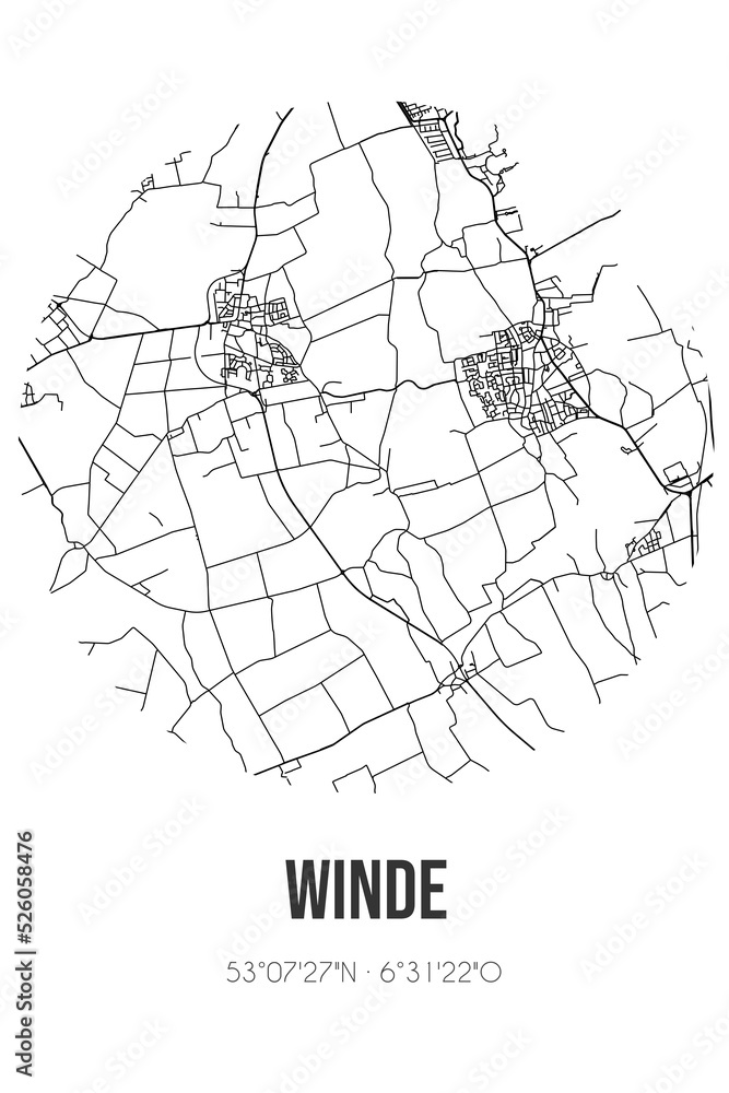 Abstract street map of Winde located in Drenthe municipality of Tynaarlo. City map with lines