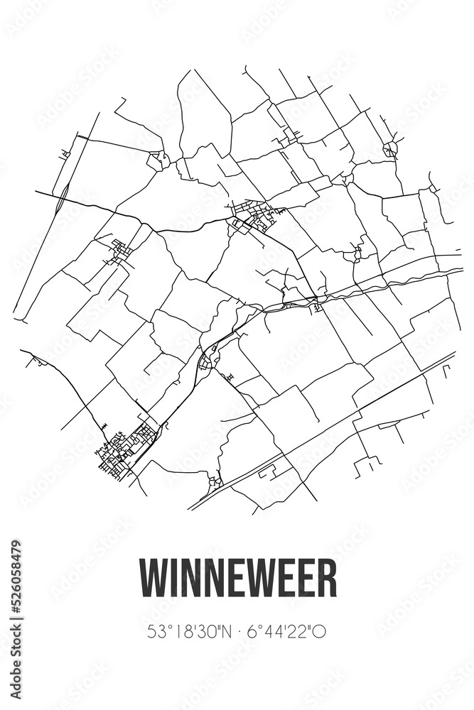 Abstract street map of Winneweer located in Groningen municipality of Groningen. City map with lines