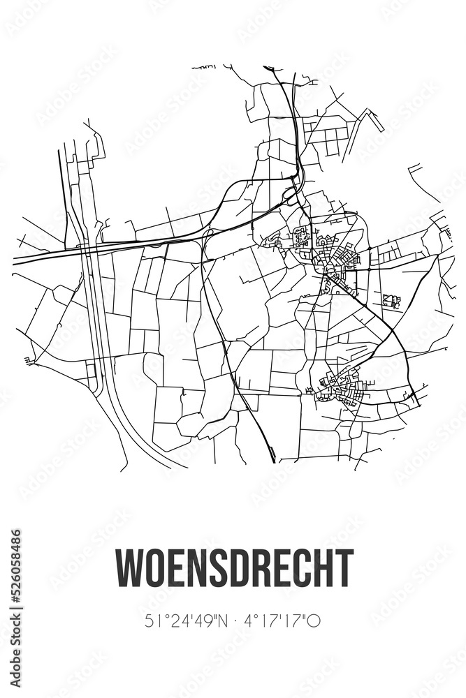 Abstract street map of Woensdrecht located in Noord-Brabant municipality of Woensdrecht. City map with lines
