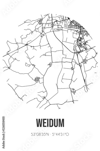Abstract street map of Weidum located in Fryslan municipality of Leeuwarden. City map with lines