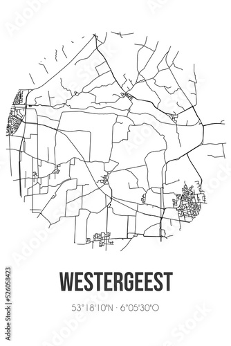 Abstract street map of Westergeest located in Fryslan municipality of Noardeast-Fryslan. City map with lines