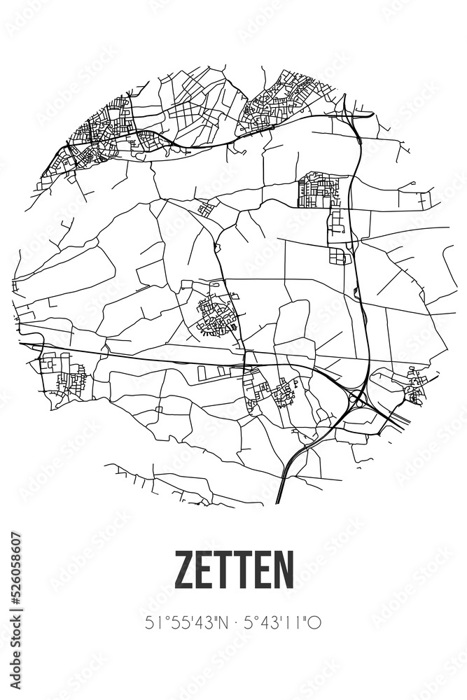 Abstract street map of Zetten located in Gelderland municipality of Overbetuwe. City map with lines