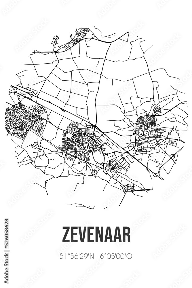 Abstract street map of Zevenaar located in Gelderland municipality of Zevenaar. City map with lines