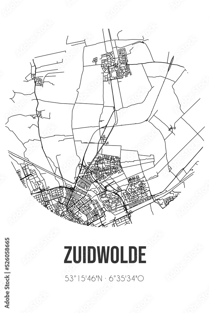Abstract street map of Zuidwolde located in Groningen municipality of Het Hogeland. City map with lines