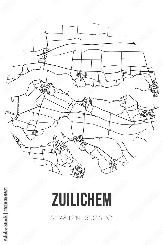 Abstract street map of Zuilichem located in Gelderland municipality of Zaltbommel. City map with lines
