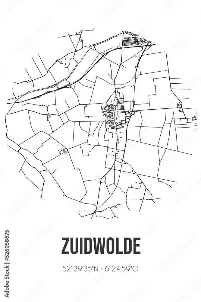 Abstract street map of Zuidwolde located in Drenthe municipality of De Wolden. City map with lines