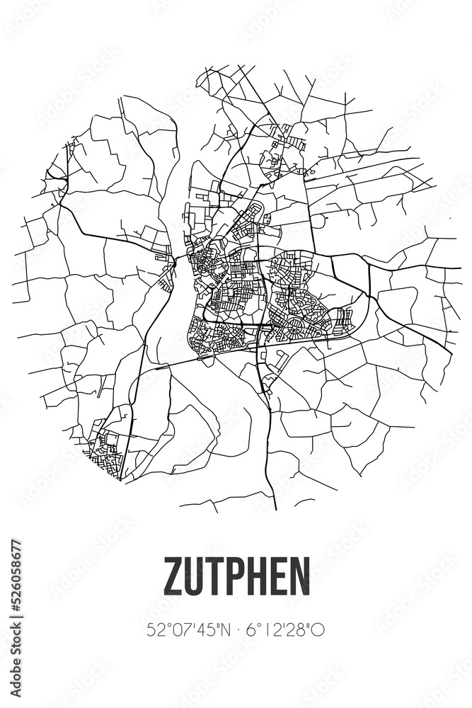 Abstract street map of Zutphen located in Gelderland municipality of Zutphen. City map with lines